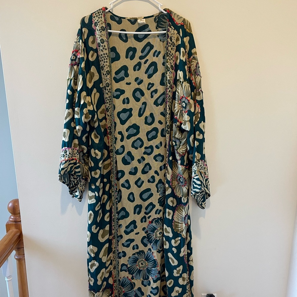 Raj Green & Tan Leopard Floral Open Duster